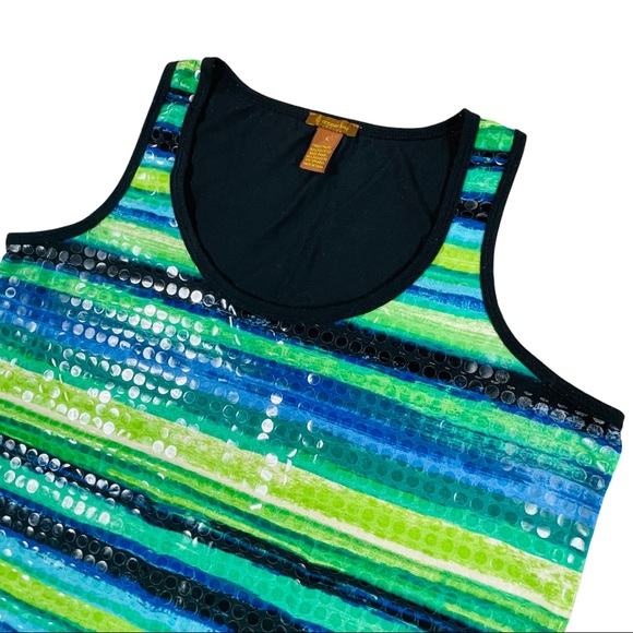 Copper Key size large blue & green striped tank top with shiny dots on front - Picture 3 of 8